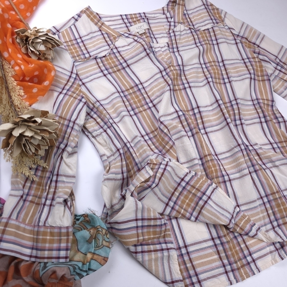 Loft Plaid Women's Top Sz M - Picture 5 of 9